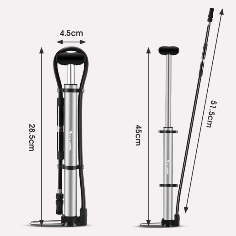 Portable high-pressure bicycle pump with size measurements, black and silver versions