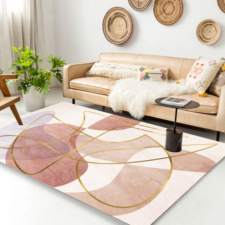 Geometric area rug with light base, pink and yellow circular line pattern