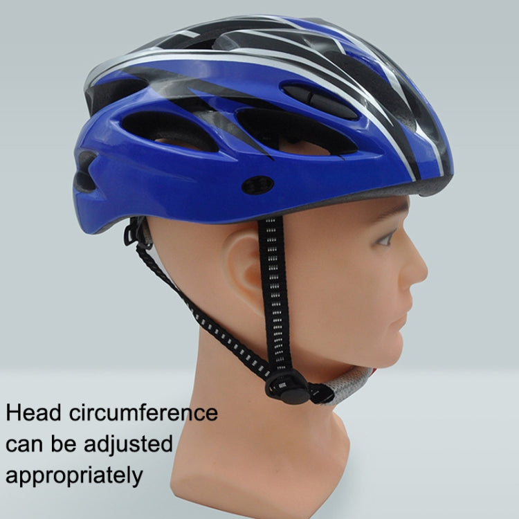 Blue and black bicycle helmet on head with adjustable chin strap and vents