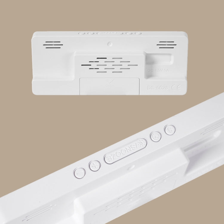 White LED bedside alarm clock side view with control buttons and vent slots.