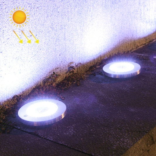 Outdoor solar buried LED garden lights, round stainless caps with cool white glow
