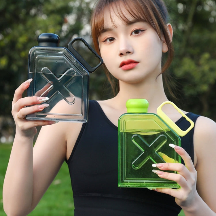 Square plastic water cup with handle, lime green body and yellow carry handle