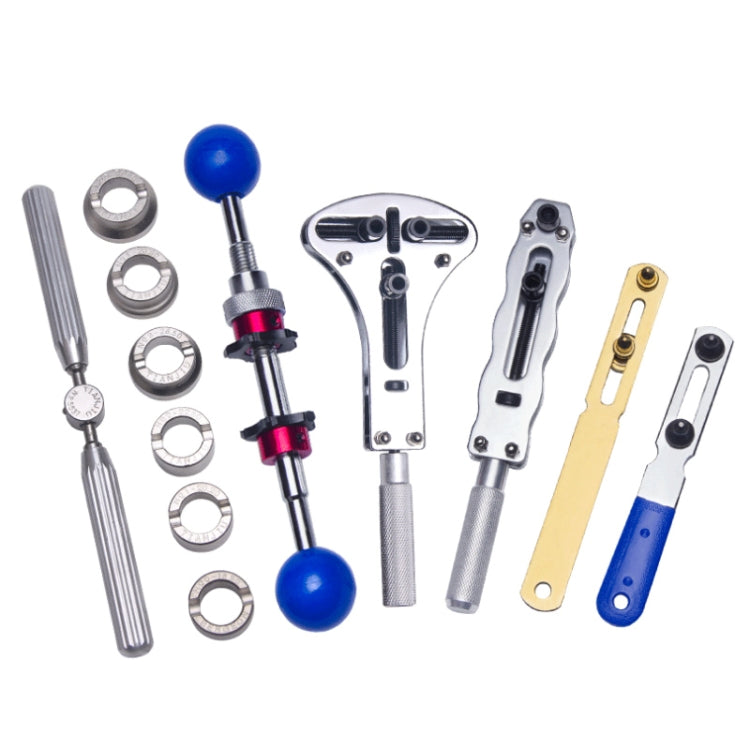 Watch case opener tool kit with multiple dies, wrenches, and adjustment rods
