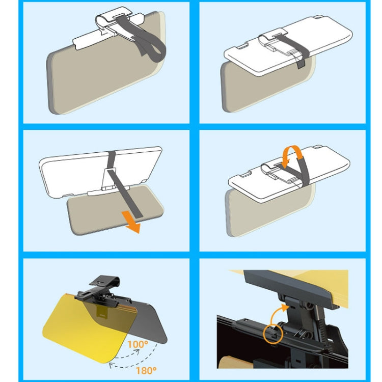 Car anti high-beam visor installation guide: clamp mount, lens tilt with yellow panel