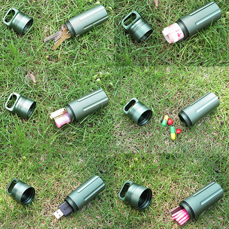 Set of green waterproof aluminum EDC survival canisters with lanyard loops and caps