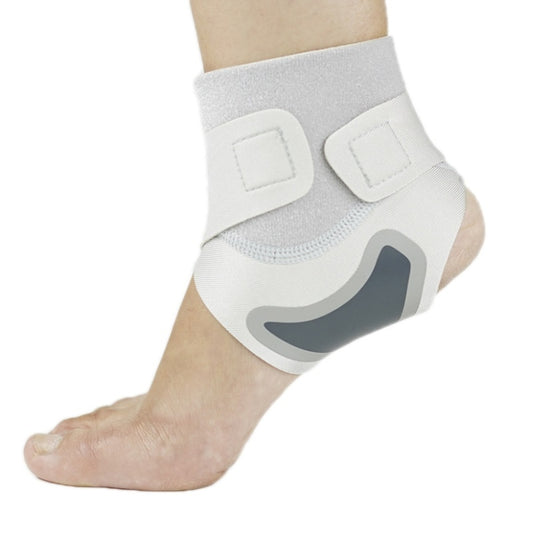 Open-heel ankle compression strap in gray and white with front molded support