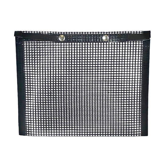 Black non-stick mesh grilling bag with tightly woven square grid and top grommets