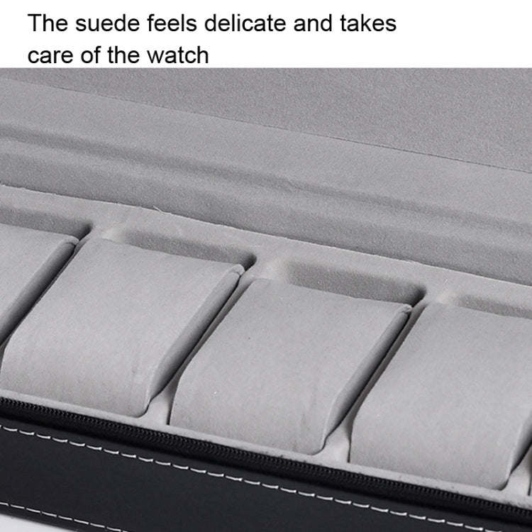 Close-up of six gray padded watch holders inside a zippered watch box