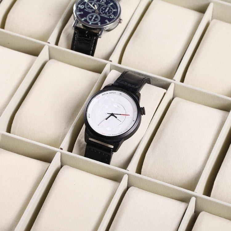 Watch storage compartments holding wristwatches inside a black PU leather case