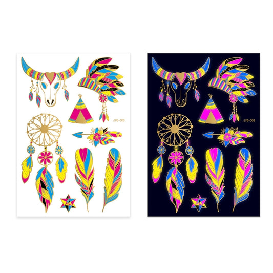 Fluorescent animal and dreamcatcher tattoo stickers on two sheets with colorful accents