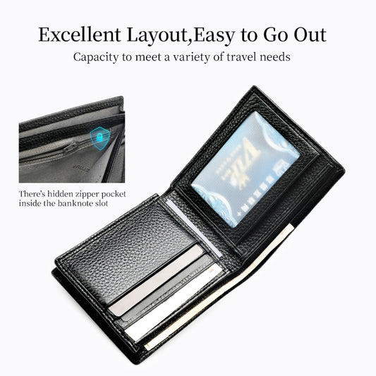 Black bifold wallet open view showing card slots and interior coin compartment
