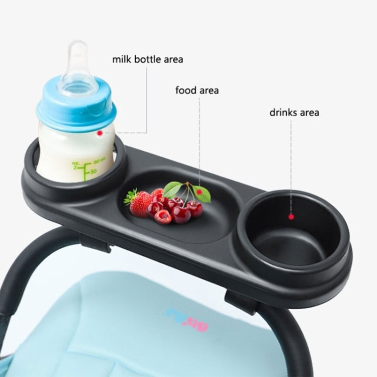 Black stroller meal tray with milk bottle area and separate food and drinks compartments