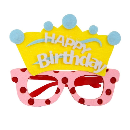 Happy Birthday crown photo prop glasses, yellow cap with blue pom-poms and red heart frames