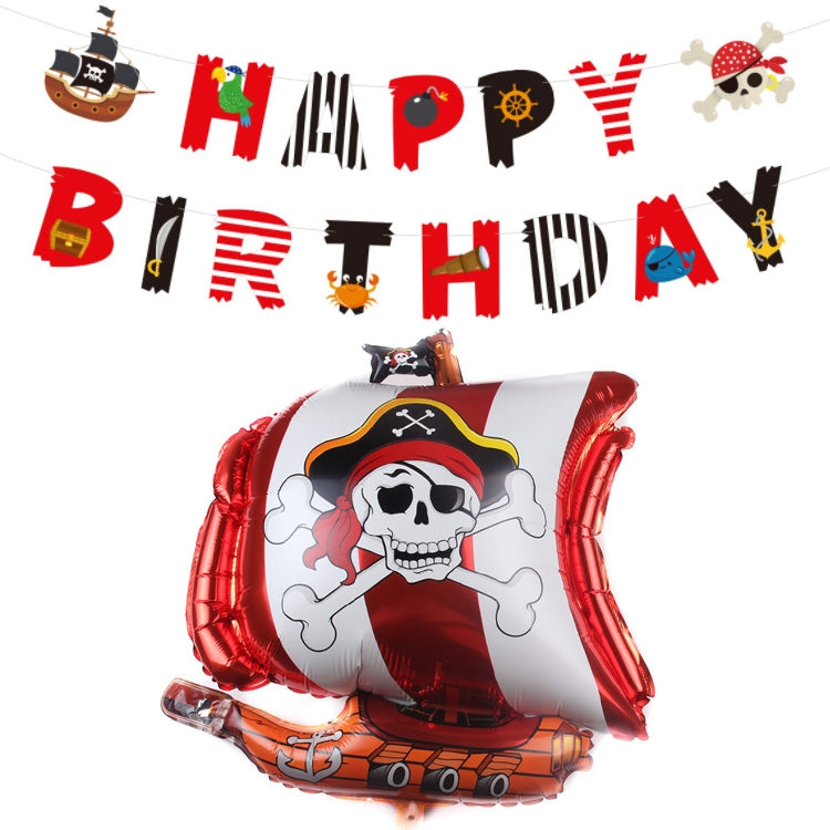Pirate ship balloon with pirate-themed banner and skull flag decorations