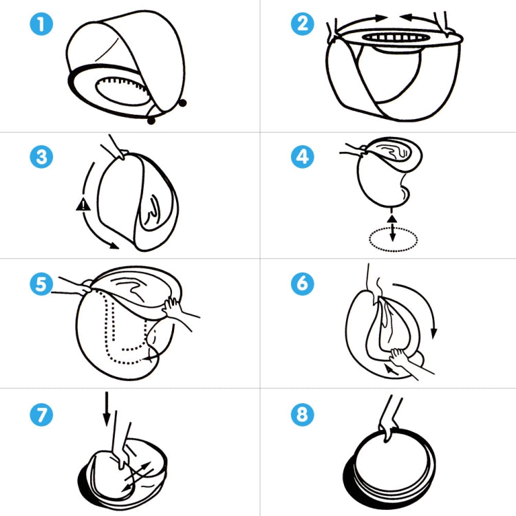Beach tent setup step diagram with numbered instructions for folding and securing
