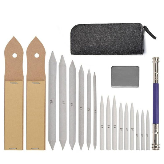 19-piece sketch blending stump and tortillon set with pouch and purple tool pen.