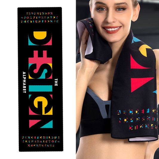 Black microfiber sports towel with colorful alphabet-themed vertical graphic print