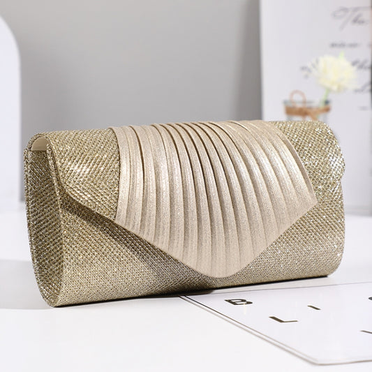 Gold pleated square evening bag with flap and chain strap