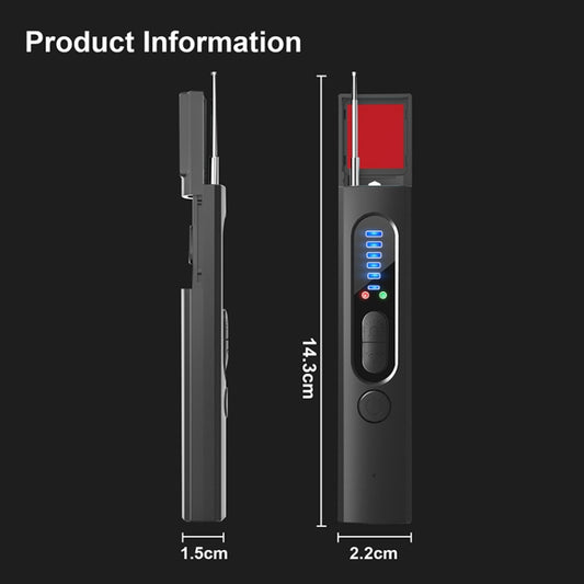 Black handheld detector with blue LED bars, grip button, and retractable antenna