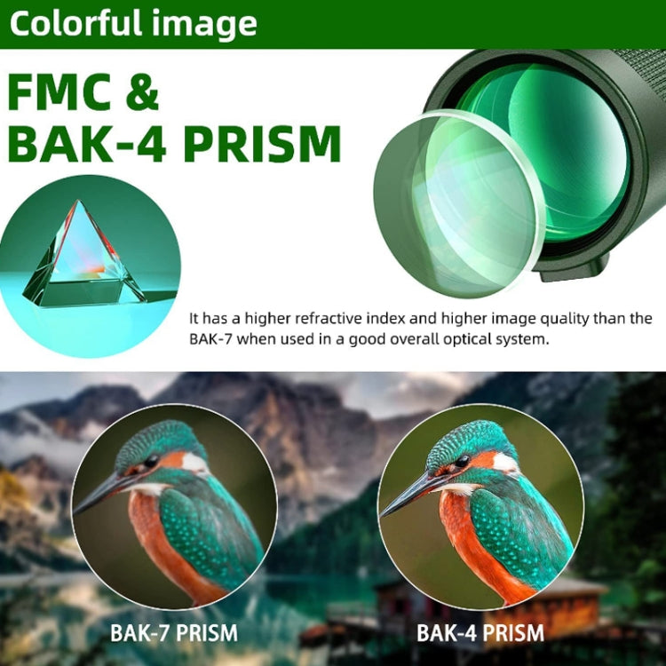 Night vision monocular lens close-up with prism label and example colorful image circles