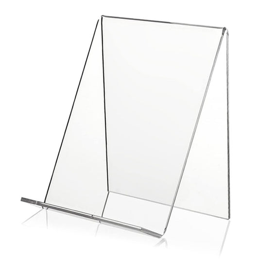 Transparent acrylic book display stand with angled frame and two base feet