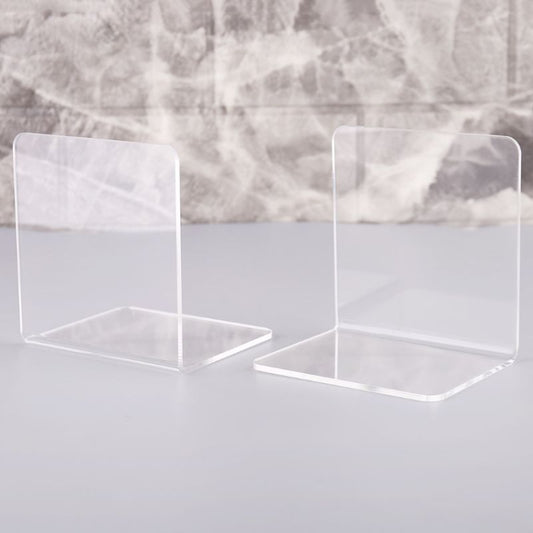 Two clear acrylic L-shaped bookends showing open front and flat bases