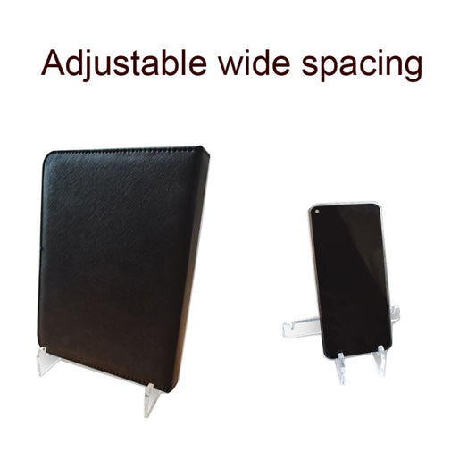 Adjustable acrylic photo display stand with wide spacing and dark card backing
