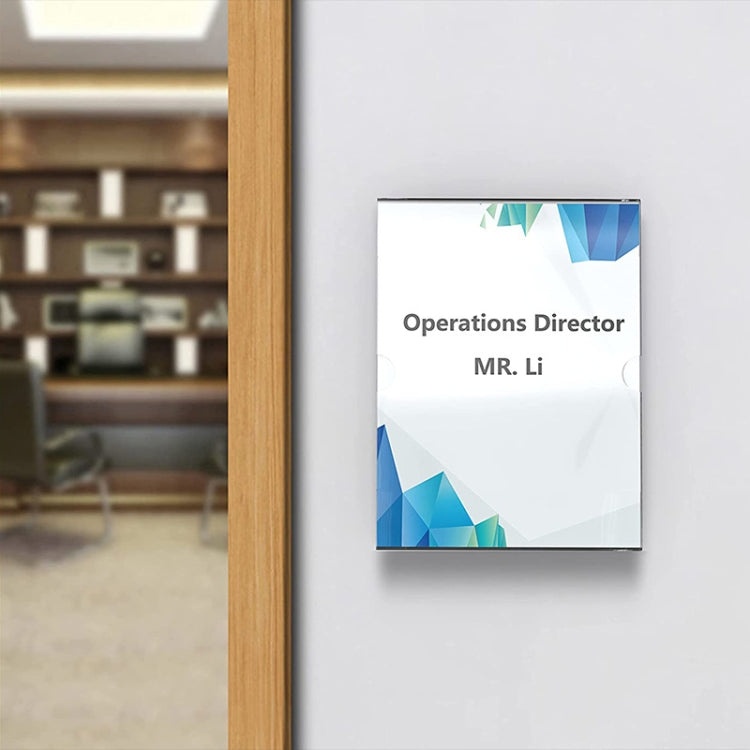 Clear acrylic wall photo frame holding a printed 4x6 card with text