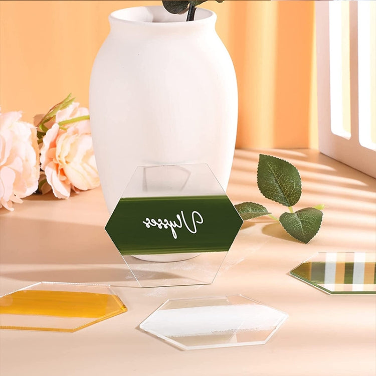 Clear hexagon acrylic seat card holder set with green logo-style card