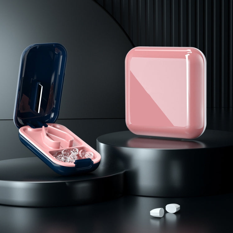 Mini pill cutting storage box dispenser, pink and navy cases with open pill tray