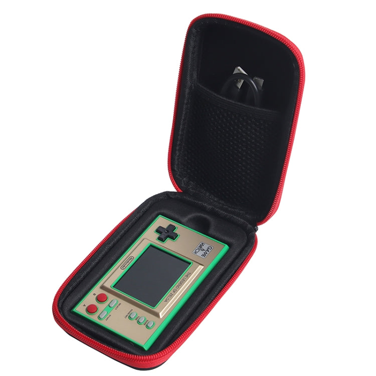 Handheld console storage bag with red trim, holds a handheld game device
