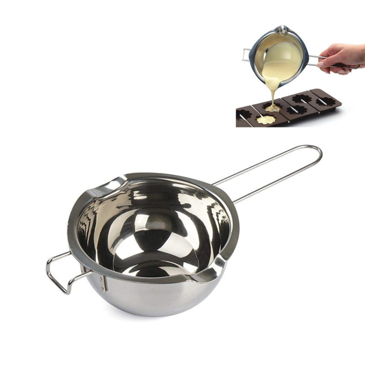 Stainless steel chocolate melting pot with long handle and side arms, ready to melt and pour