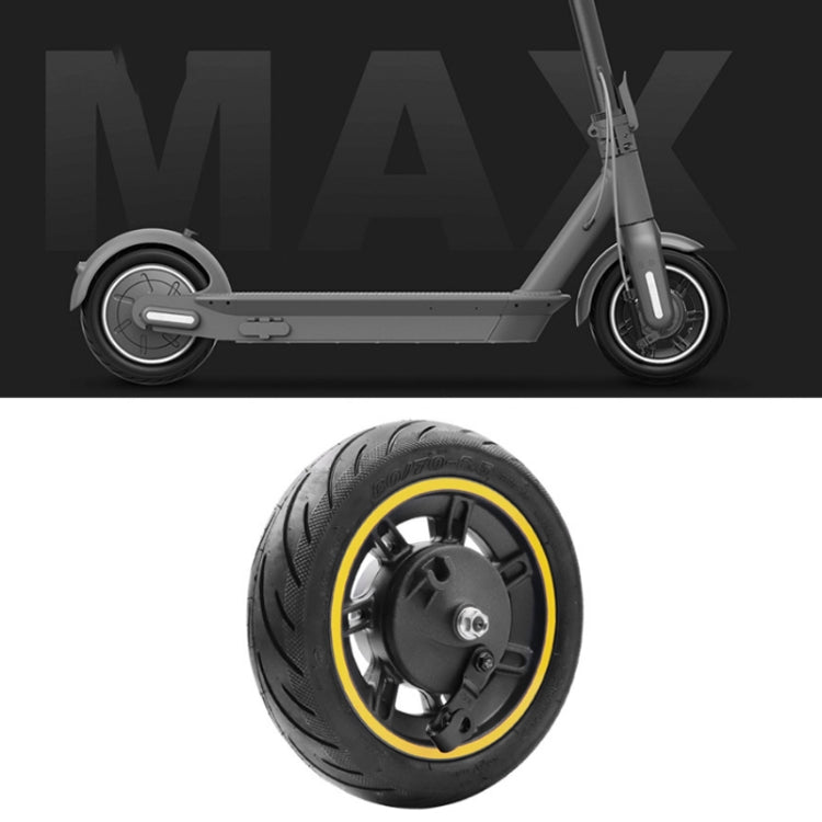 Black electric scooter front wheel with tubeless tire and yellow rim stripe hub