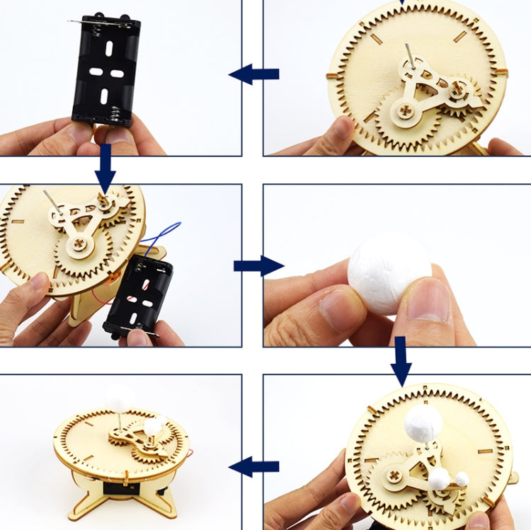 DIY assembly steps attaching gears and inserting a white planet sphere into base
