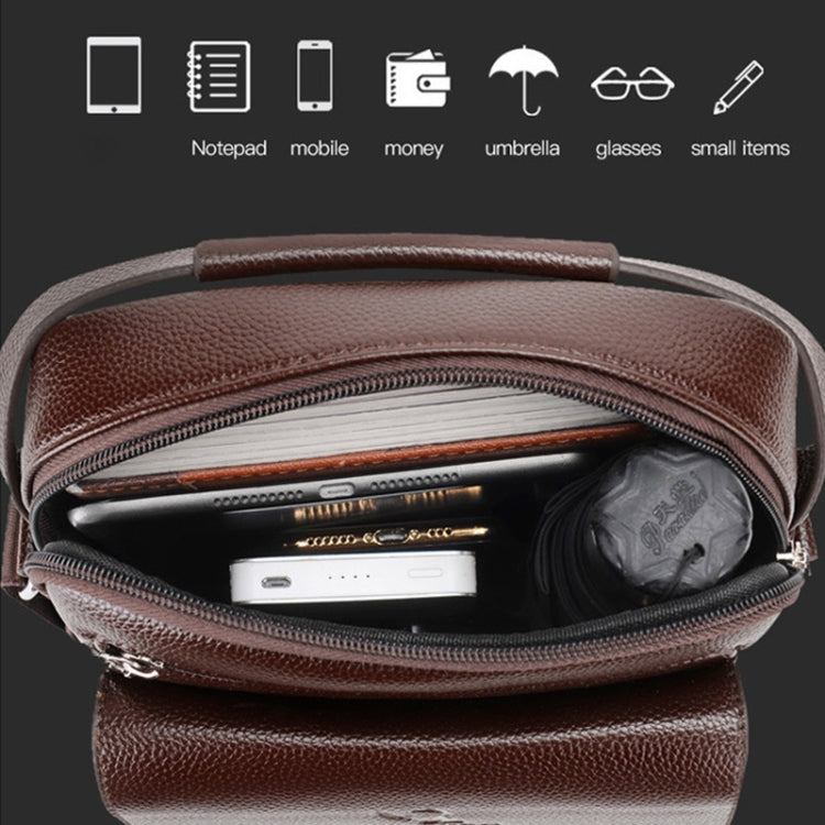 Men's brown messenger bag open with a phone and small accessories inside the zip compartment