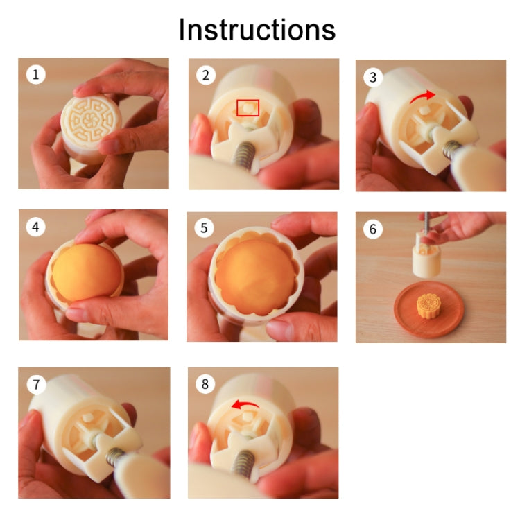 Instruction steps for using round pastry press mold set, numbered panels