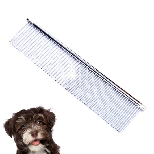Stainless steel pet hair comb with long fine teeth for removing tangles and loose fur.