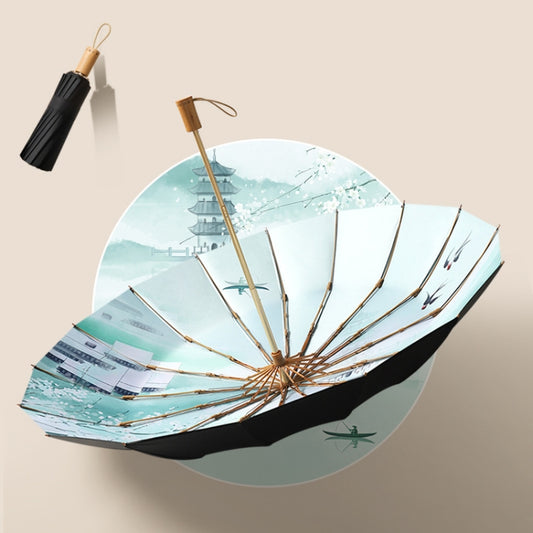 Retro Tri-Fold Wooden Handle 16-Bone Folding Sunscreen Parasol, Yunchun Tree, Sunset Mountains, Jiangnan Yi, Ao Hanmei, Chrysanthemum City
