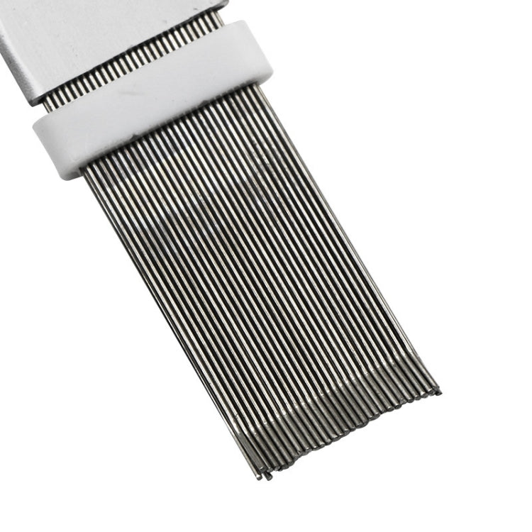 Fin cleaning comb brush with dense gray metal bristle strips and white clamp