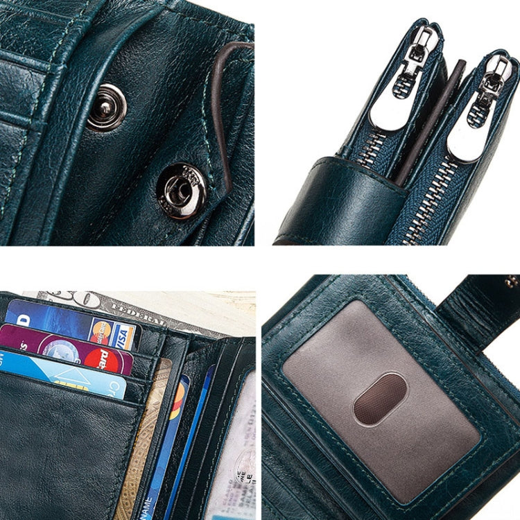 Teal RFID zip coin wallet close-up with card slot window and metal zipper pulls