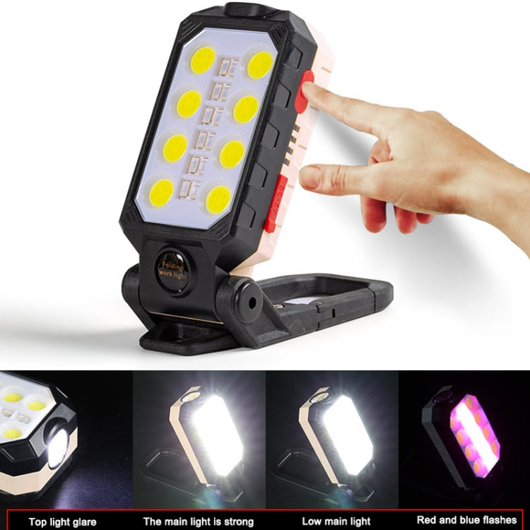 Foldable COB work light being switched on, bright LEDs and black hook stand