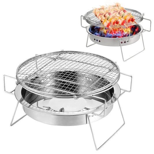 Round stainless steel barbecue grill with folding legs and wire cooking grate