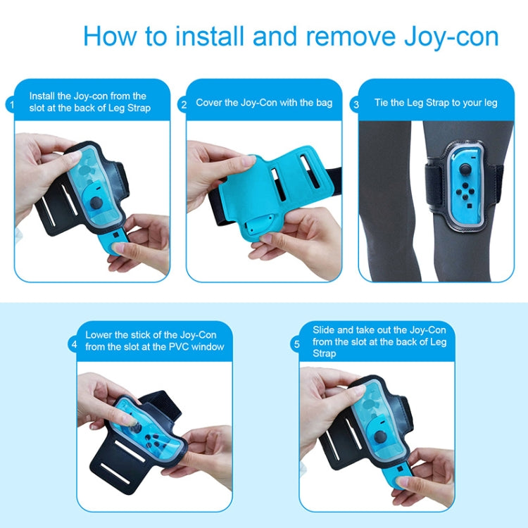 Joy-Con leg strap installation shown with holder alignment and attachment steps
