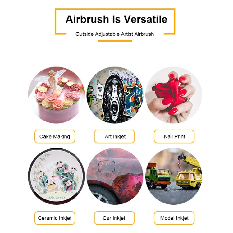 Airbrush versatility graphic with icons for cake making, art, nails, and car printing