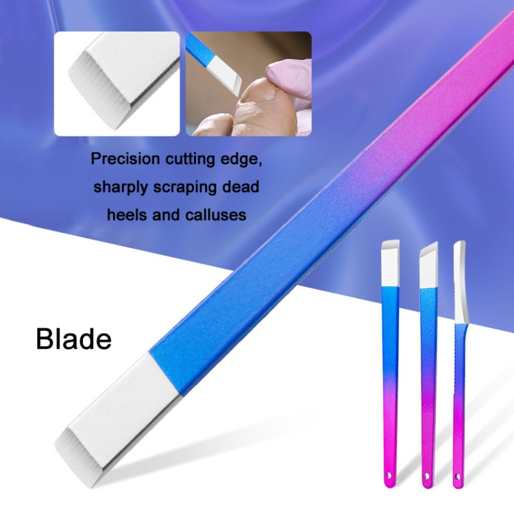 Double-sided nail file with blue blade and pink edge accents, fine grit surface