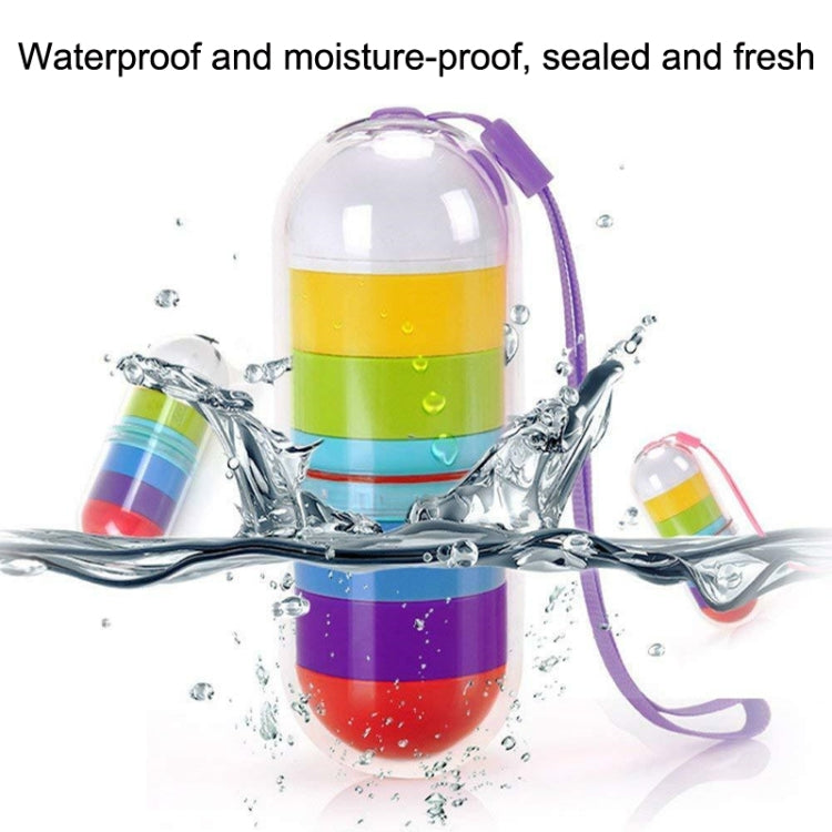 Cylindrical 7-compartment rotary pill box with water droplets and purple carry loop
