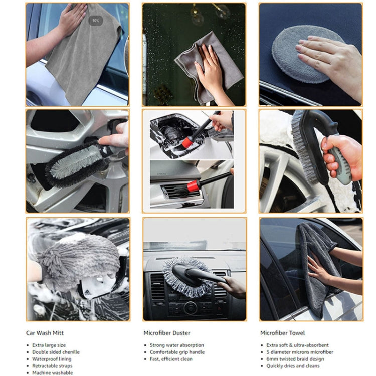 Car detailing kit with microfiber duster, wash mitt, and gray towels for wheels and interior