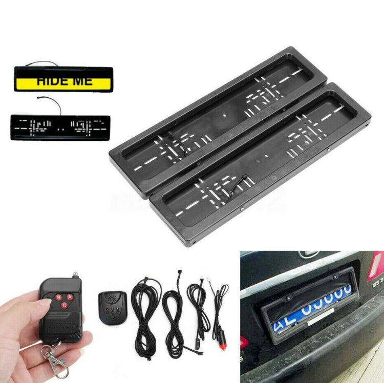 Rolling shutter license plate frames with remote key fob, cables, and indicator module