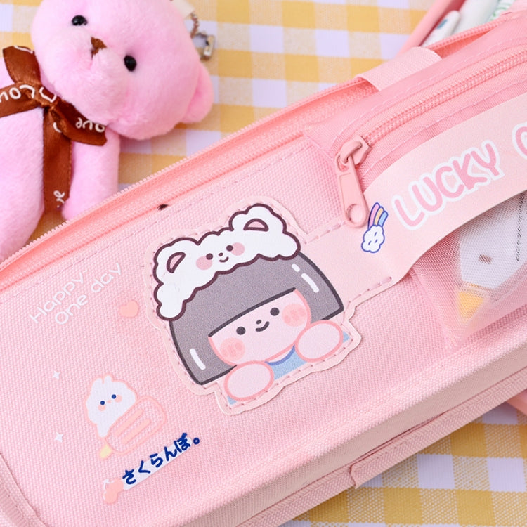 Light pink pencil bag with cartoon girl astronaut patch and long zipper