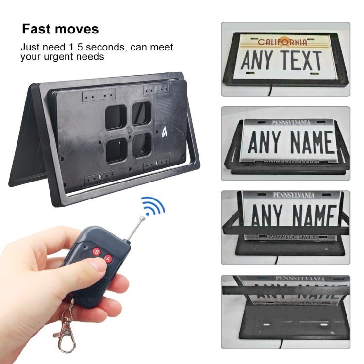 Retractable license plate holder operated by key fob remote, shutter front shown